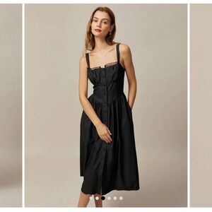 Rihoas Black Square Neck Lace Cami Midi Dress